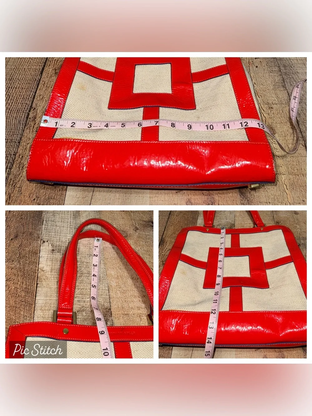 Jonathan Adler Red Patent Leather Trim Linen Cotton Canvas Geometric Tote Bag